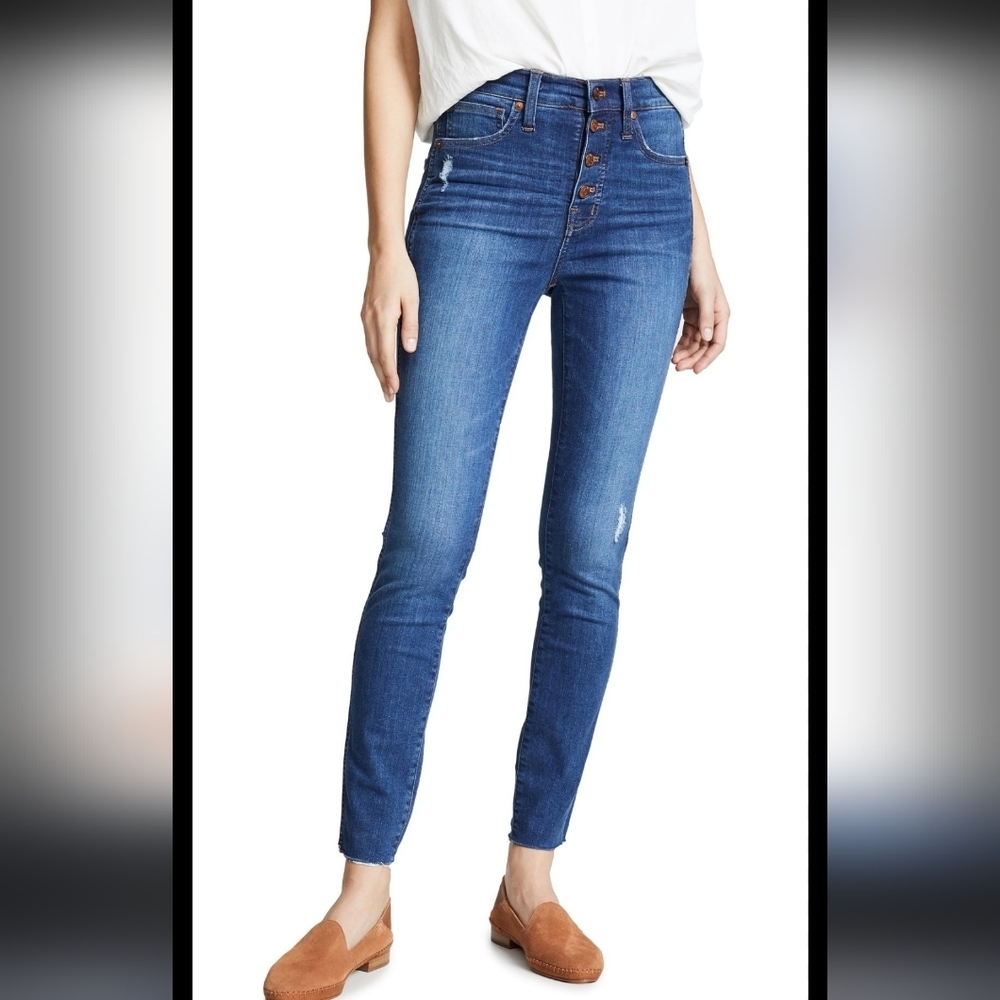 Madewell 10" high-rise exposed buttons fly frayed hem Jeans dark Blue sz 30/28.